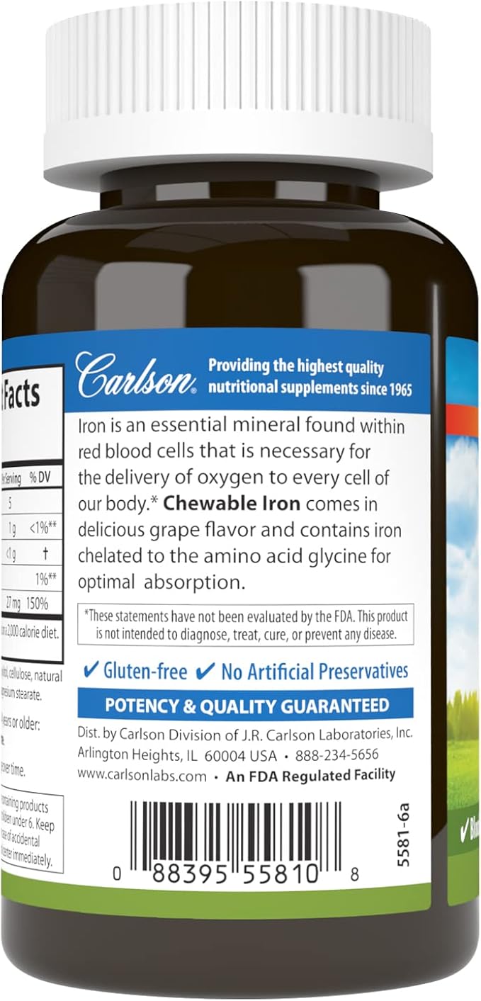Carlson - Chewable Iron, 27 mg - Superior Absorption, Blood Health, Energy Production & Optimal Wellness, Grape, 60 tablets