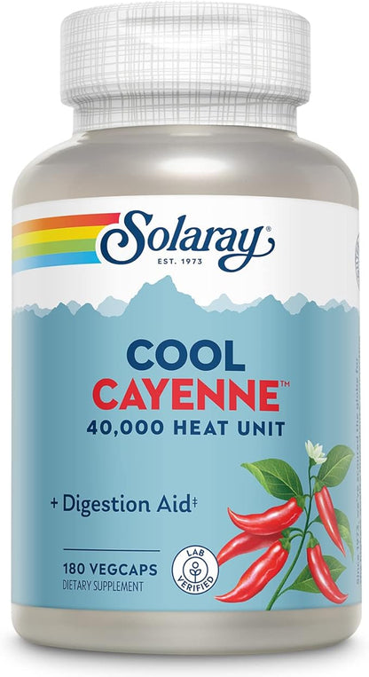 SOLARAY Cool Cayenne Pepper 40,000 HU, Cayenne Pepper Capsules, Digestion Aid, Bio-Cool Process, Lab Verified, 60-Day Money-Back Guarantee, 90 Servings, 180 VegCaps
