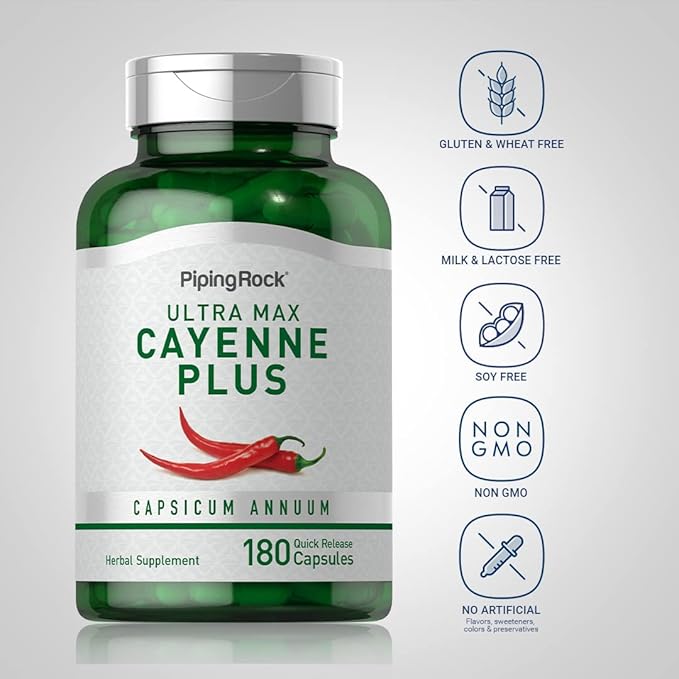 Piping Rock Cayenne Pepper Capsules | 180 Count | Capsicum Annuum | Plus Ginger and Hawthorn Berry | Herbal Supplement | Non-GMO, Gluten Free