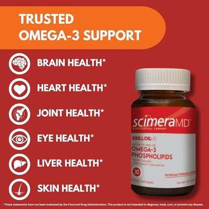 ScimeraMD® KrillOilMD Antarctic Krill Oil Omega 3 DHA EPA Supplement with Astaxanthin for Heart, Brain, and Joint Support, 30 CT