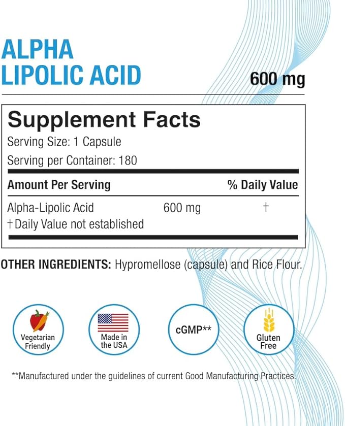 Puregen Labs Alpha Lipoic Acid 600mg [High Potency] 180 Veggie Caps, Antioxidant Support | No Harmful Additives | Non-GMO, NO Gluten and Dairy, 600 mg per Capsule - Made in USA