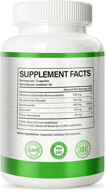 NMNH (Dihydronicotinamide Mononucleotide), NMN Alternative Supplement w/Niacinamide (Vitamin B3), Quercetin, Trans-Resveratrol, Support NAD+, Skin Cell Health*, Anti-Aging & Energy, 120 Caps