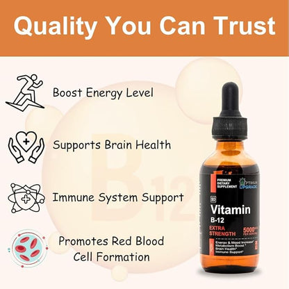 OU Vitamin B12 Liquid Drops 5000mcg - Methylcobalamin B12 for Energy, Mood & Metabolism - Fast Absorbing Sublingual B12 Vitamin - Vegan, Non-GMO, 2 Oz