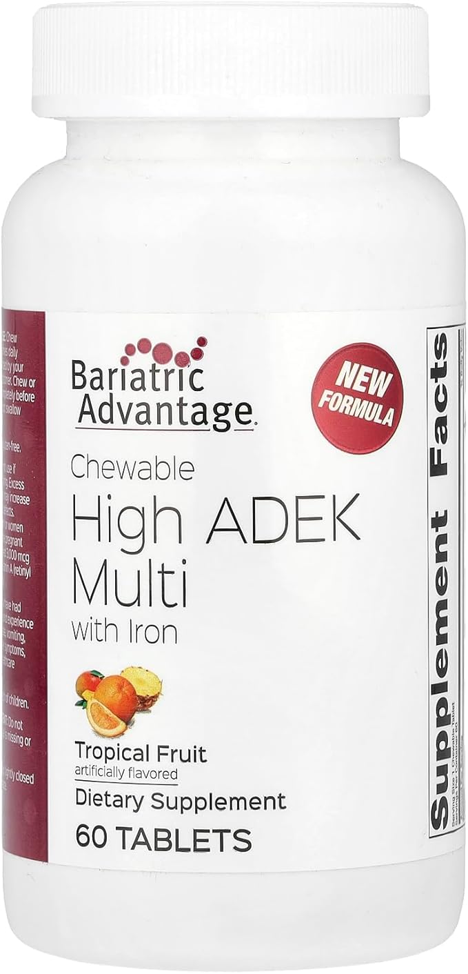 Bariatric Advantage Chewable High ADEK with Iron - for Bariatric Patients - High Potency Vitamin A, D, E & K - Includes B-Vitamins - Chewable Multivitamins - Tropical Fruit - 60 Tablets