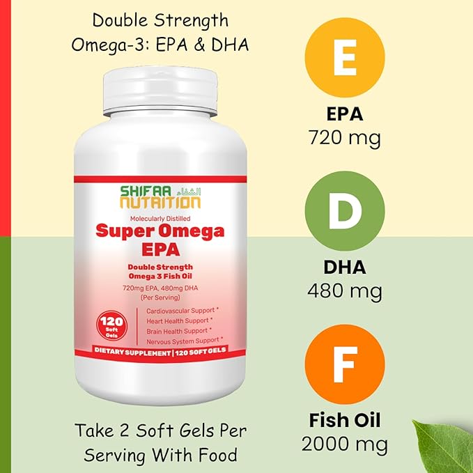 Halal Fish Oil Softgels 120 Ct, Double Strength - Halal Omega 3 Fish Oil Supplements. Wild Caught, Non-GMO & Purified