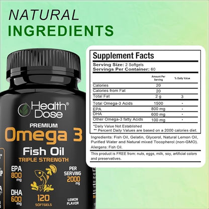 Omega 3 Fish Oil – Lemon-Flavored Softgels with EPA & DHA for Brain, Heart, and Wellness Support – Easy-to-Digest, No Fish Burps – 120 Softgels, Pack of 5
