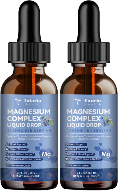 Magnesium Glycinate Liquid Drop 21 in 1 Magnesium Complex with Vitamin D3,K2,B6 & B12 Plus L-Theanine Omega-3 Sea Moss Extract for Energy,Sleep,Joint,Heart Health Sugar Free 2 Fl Oz （Pack of 2）