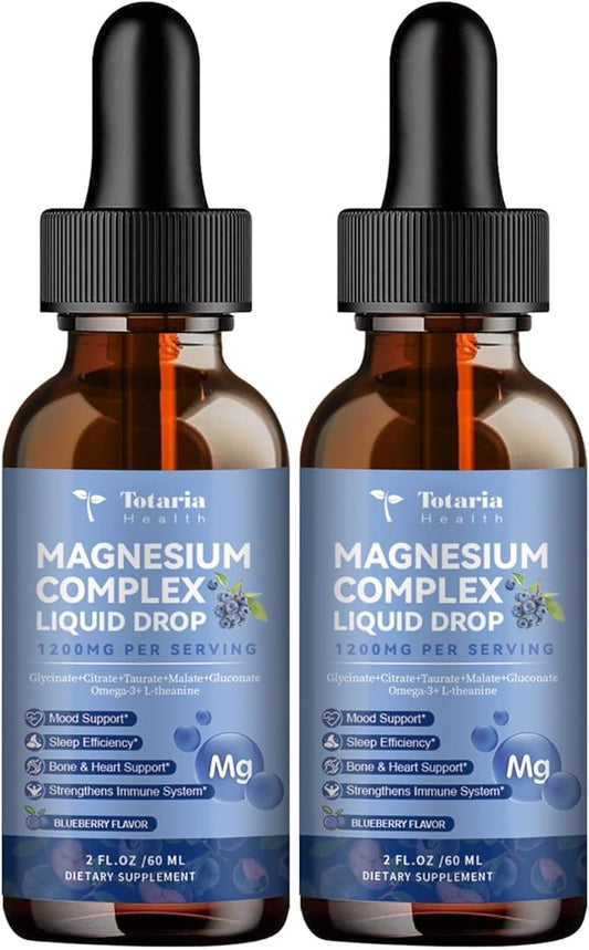 Magnesium Glycinate Liquid Drop 21 in 1 Magnesium Complex with Vitamin D3,K2,B6 & B12 Plus L-Theanine Omega-3 Sea Moss Extract for Energy,Sleep,Joint,Heart Health Sugar Free 2 Fl Oz （Pack of 2）