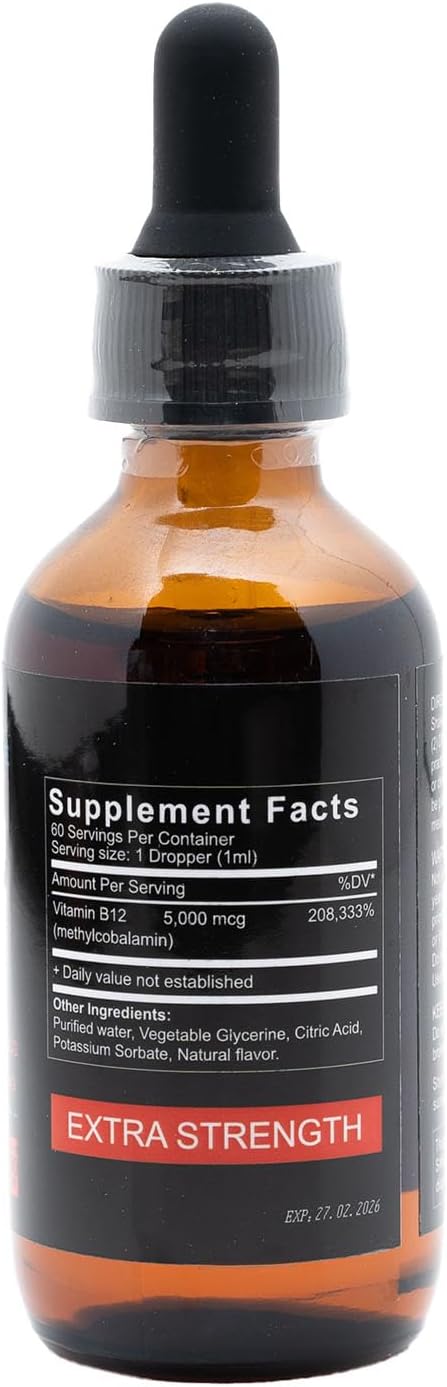 OU Vitamin B12 Liquid Drops 5000mcg - Methylcobalamin B12 for Energy, Mood & Metabolism - Fast Absorbing Sublingual B12 Vitamin - Vegan, Non-GMO, 2 Oz