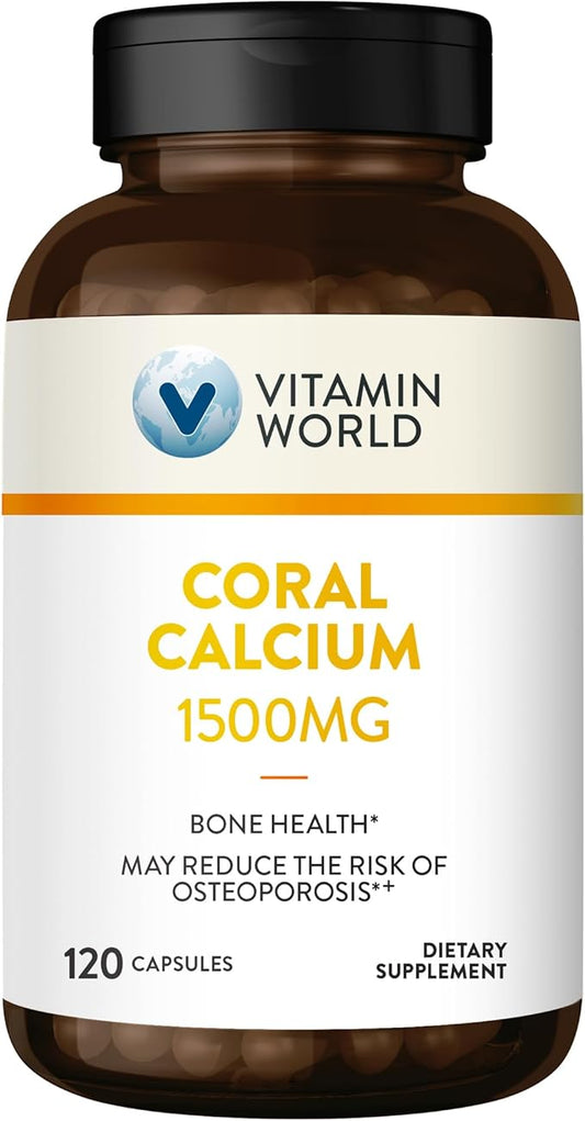 Vitamin World Coral Calcium 1500 mg. 120 Capsules, Mineral Supplement, Rapid-Release, Gluten Free