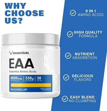 Bucked Up Essential Amino Acids - EAA Powder - Easy Mix, Non Clumping Formula - for Pre/Intra Workout - Pina Colada Flavor - 30 Servings - 11.6 oz