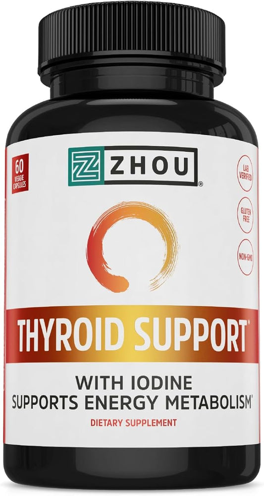 Zhou Thyroid Support - Thyroid Supplement for Women & Men with Zinc, Iodine, & Selenium, Metabolic Health Thyroid Complex with Ashwagandha, Kelp - 60 Veggie Capsules (Pack of 1)