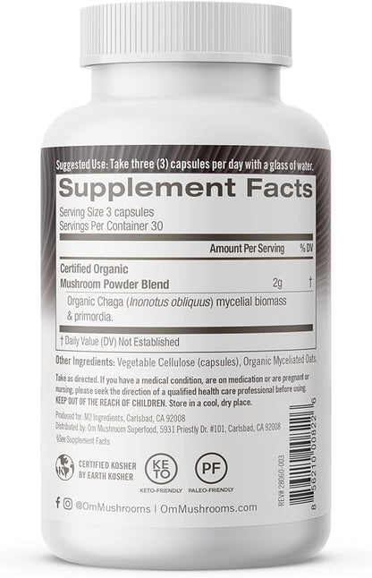 OM MUSHROOM SUPERFOOD Chaga Mushroom Capsules Supplement, Sacred Antioxidants & Immune Support, 90 Count, 30 Days