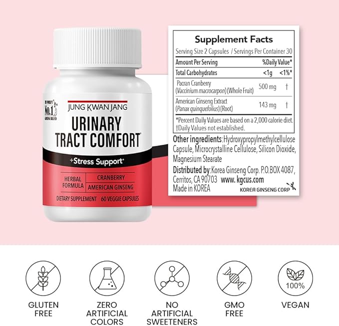JungKwanJang Urinary Tract Comfort Formula with Pacran Cranberry 500mg, American Ginseng 143mg - Urinary Tract Health Support Supplement - 60 Capsules for Women and Men