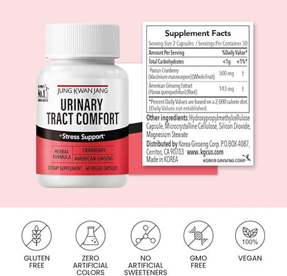 JungKwanJang Urinary Tract Comfort Formula with Pacran Cranberry 500mg, American Ginseng 143mg - Urinary Tract Health Support Supplement - 60 Capsules for Women and Men