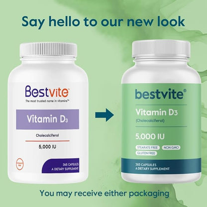 BESTVITE Vitamin D3 5000 IU (365 Capsules) - No Stearates - Non GMO - Gluten Free - 1 Year Supply of Vitamin D