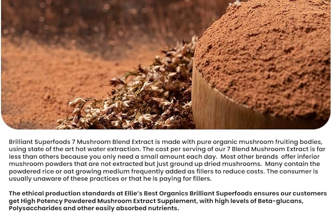 Ellie's Best 7 Mushroom Powder Extract Organic Blend - Reishi, Lion's Mane, Chaga, Turkey Tail, Cordyceps, Maitake & Shiitake - Double Extracted - Pure No Fillers - 8oz / 228 1g Servings……