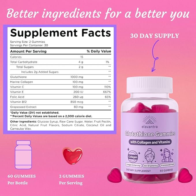 Glutathione Gummies with Collagen | 1000mg Glutathione with Vitamin C & Vitamin E | 30 Day Supplement | Skin Whitening Collagen Gummies | Liposomal Supplement