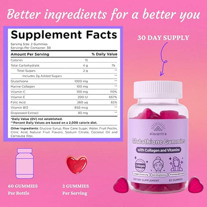 Glutathione Gummies with Collagen | 1000mg Glutathione with Vitamin C & Vitamin E | 30 Day Supplement | Skin Whitening Collagen Gummies | Liposomal Supplement