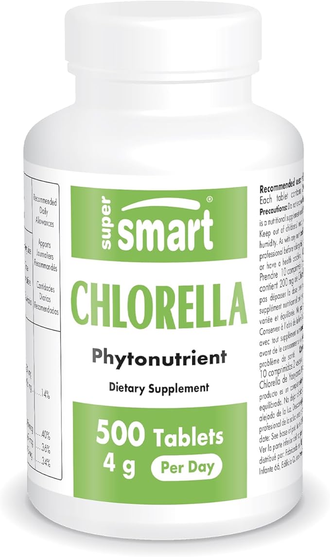 Supersmart - Chlorella Supplement 4 g per Day (Easy-to-Take) - Rich in Vitamin B2, B9, B12 & Iron - High Chlorophyll Concentration | Non-GMO & Gluten Free - 500 Tablets
