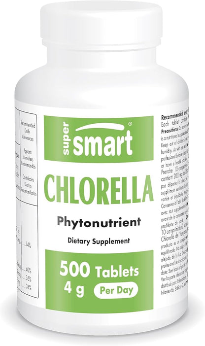 Supersmart - Chlorella Supplement 4 g per Day (Easy-to-Take) - Rich in Vitamin B2, B9, B12 & Iron - High Chlorophyll Concentration | Non-GMO & Gluten Free - 500 Tablets