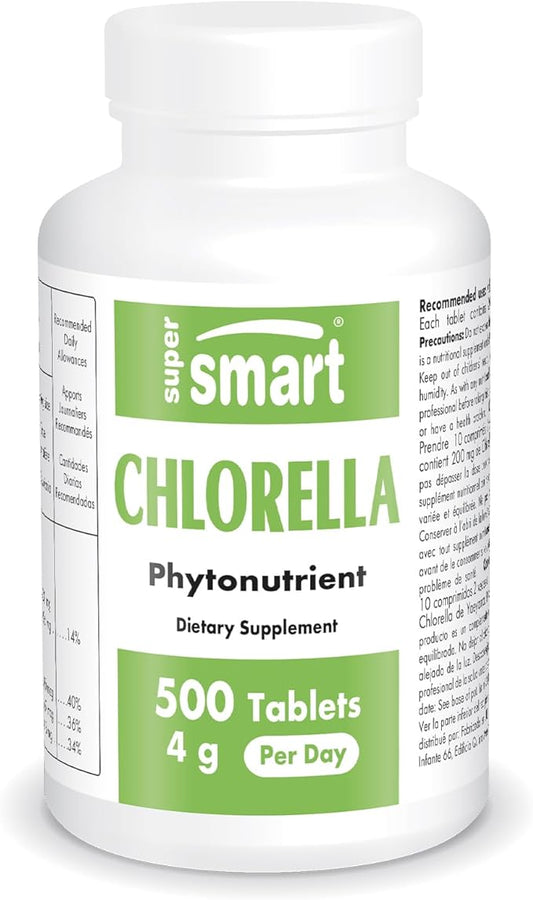 Supersmart - Chlorella Supplement 4 g per Day (Easy-to-Take) - Rich in Vitamin B2, B9, B12 & Iron - High Chlorophyll Concentration | Non-GMO & Gluten Free - 500 Tablets