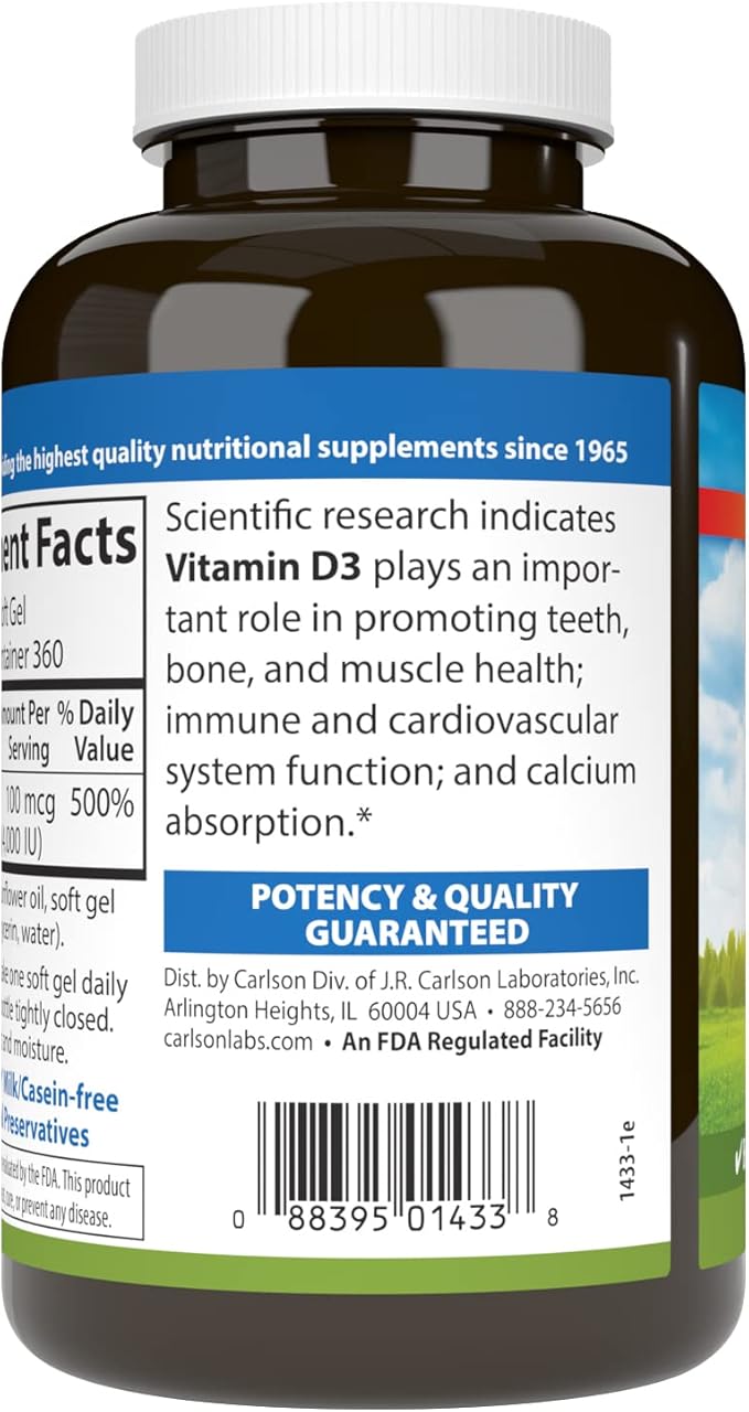 Carlson - Vitamin D3 4000 IU (100 mcg), Immune Support, Bone Health, Muscle Health, Cholecalciferol, Vitamin D Supplements, Vitamin D3 Soft Gels, 360 Softgels