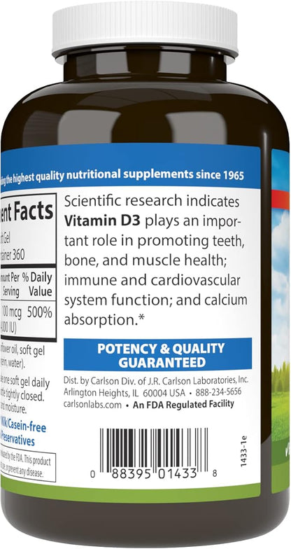 Carlson - Vitamin D3 4000 IU (100 mcg), Immune Support, Bone Health, Muscle Health, Cholecalciferol, Vitamin D Supplements, Vitamin D3 Soft Gels, 360 Softgels
