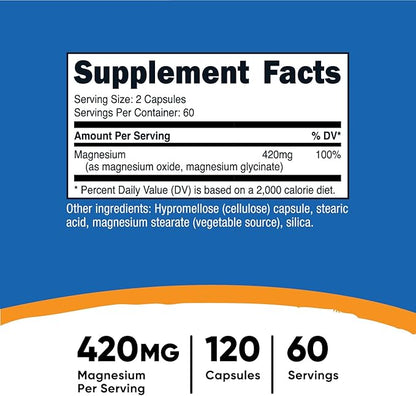 Nutricost Magnesium+ Extra Strength 420mg, 120 Capsules - 60 Servings. Magnesium Oxide and Glycinate - Non-GMO, Gluten Free, Vegan Friendly