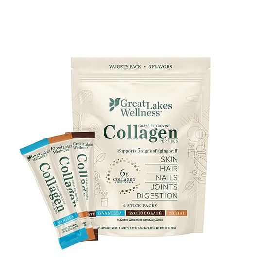 Great Lakes Wellness Collagen Peptides Powder for Skin, Hair, Nails, Joints & Digestion - Variety Flavors - Quick Dissolve Hydrolyzed, Non-GMO, Kosher - 6 Sticks - Packaging May Vary