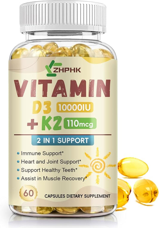 D3 K2 Vitamin 10,000 IU, K2 Vitamin with D3 Supplement High Potency Non-GMO Formula, Immune Supports, Bone & Heart Health Microingredients Vitamin D3 K2 Complex (MK-4 & MK-7), 60 Softgels