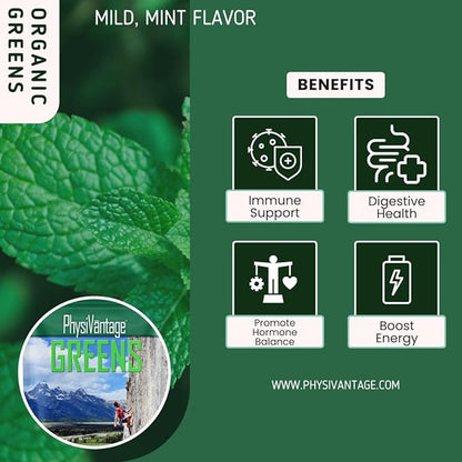 PhysiVantage Greens Superfood Powder with Prebiotic Fiber, Probiotics, Post-biotics, Spirulina, Chlorella - Vegan - Energy, Focus, Immune Support, Gut Health - Delicious Mild Mint Flavor - 25 Servings