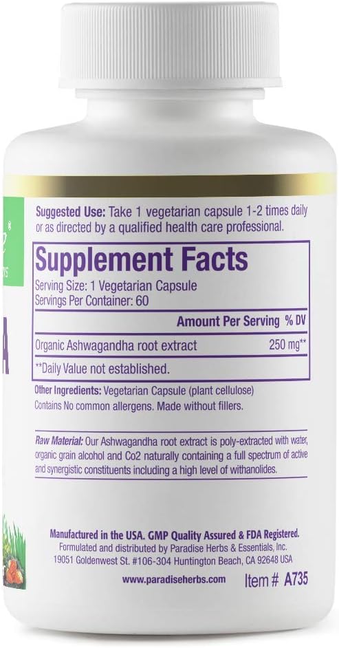 Paradise Herbs Organic Ashwagandha, Ayurvedic Adaptogen, Vegan, Non GMO, Gluten Free, 60 Vegetarian Capsules