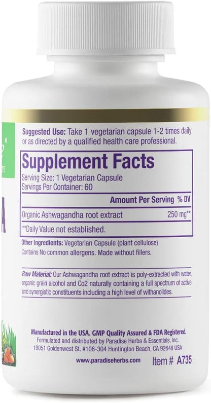Paradise Herbs Organic Ashwagandha, Ayurvedic Adaptogen, Vegan, Non GMO, Gluten Free, 60 Vegetarian Capsules