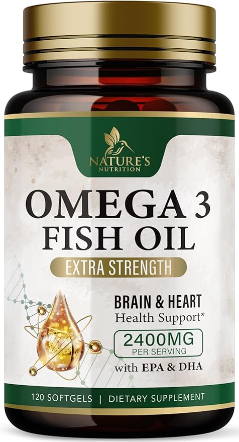 Triple Strength Omega 3 Fish Oil Supplement, EPA & DHA Fish Oil Omega 3 Essential Fatty Acids Supplement Softgels, 2400mg Brain & Heart Health Support Supplements - Gluten Free, Non-GMO, 120 Softgels