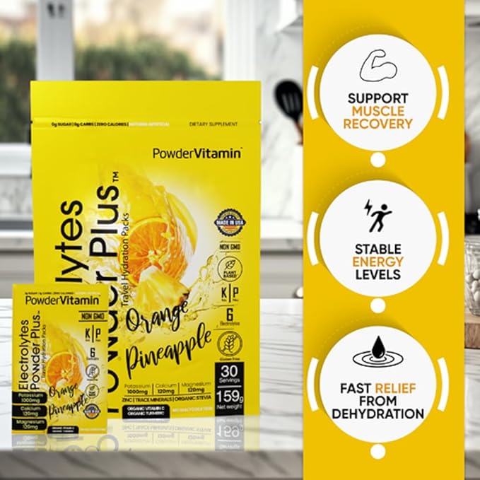 Electrolytes Powder Plus, Keto, Orange Pineapple, Sugar-Free, 1000mg Potassium, 120mg Calcium, 120mg Magnesium, Non GMO, Zero Calories, 30 Hydration Packets