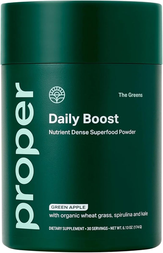 Proper, The Greens Daily Boost Organic Greens Powder. Whole Food, Apple Flavor Veggie Powder Superfood with Wheatgrass, Spirulina, Chlorella, Probiotics. Daily Drink Mix for Wellness and Digestion