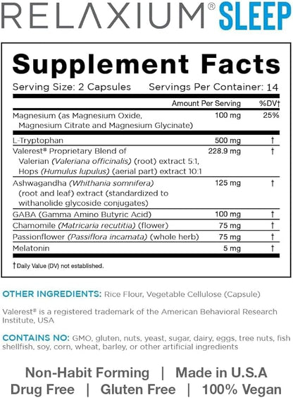 Relaxium Sleep Aid, 14-Day Supply, Non-Habit Forming, Dietary Supplement for Better Sleep, Drug-Free, Stress Relief, with Magnesium, Melatonin, GABA, Chamomile, Made in USA (28 Vegan Capsules)