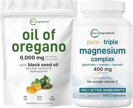 Micro Ingredients Oil of Oregano 6,000mg Softgels & Pure Triple Magnesium Complex 400mg Capsules | 2 Pack Bundle | 4X Strength Thymoquinone with Black Seed | Glycinate, Malate, & Taurate Forms