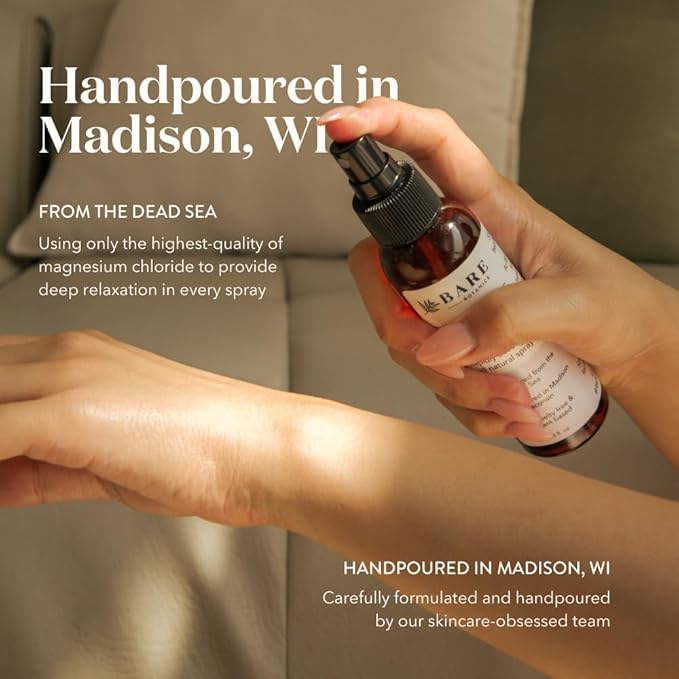 Bare Botanics Unscented 16oz Pure Magnesium Oil Spray from The Dead Sea | Rapidly Absorbing | Handpoured in Madison, WI | Supports Sleep & Soothes Sore Muscles