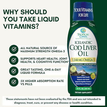 Tropical Oasis - Icelandic Cod Liver Oil | Maximum Strength 1144mg of Liquid Wild-Caught Natural Omega-3 Fish Oil (Lemon Flavor, 90 Servings)