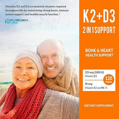 2 in 1 High Potency Formula 90mcg Vitamin K2 (MK7) and 5000 IU Vitamin D3 Supplement for Bone and Heart Health | Non-GMO Formula Vitamin D3 & K2 Complex, Total 240 Capsules I 8 Month Supply