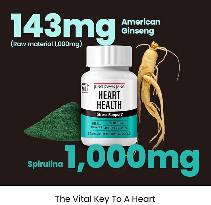 JungKwanJang Heart Health with Spirulina (1,000mg) and American Ginseng (143mg) - Supports Immune System, Heart, Energy, 60 Herbal Capsules for Men and Women