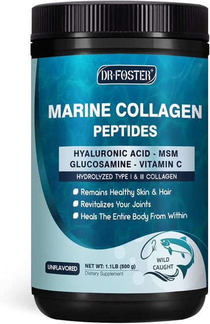 Marine Collagen Peptides Powder with MSM + GC, Multi Type I & III Collagen with Hyaluronic Acid, Vitamin C & E for Skin, Hair & Nails, Wild-Caught Fish, 50 Servings