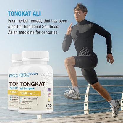 Puregen Labs Tongkat Ali Extract 200 to 1 for Men, 1020mg per Serving, [High Potency] Total 240 Capsules - Men's Health Support with 20mg Tribulus Terrestris | Non-GMO, Gluten Free, Made in USA