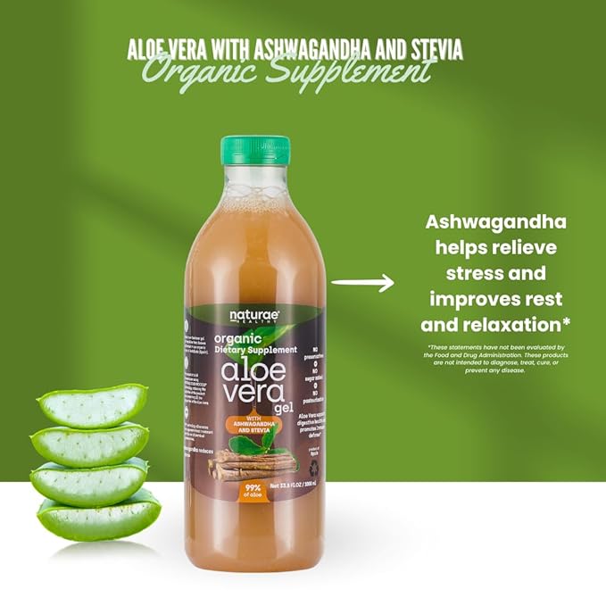 Naturae Healthy Organic Aloe Vera juice with Ashwagandha & Stevia -Cold processed- Fresh Aloe Vera leaves- 33.81 Fl Oz each bottle
