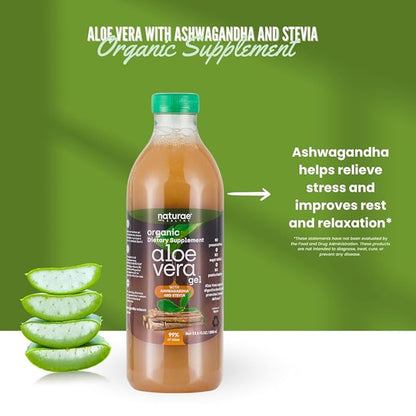 Naturae Healthy Organic Aloe Vera juice with Ashwagandha & Stevia -Cold processed- Fresh Aloe Vera leaves- 33.81 Fl Oz each bottle