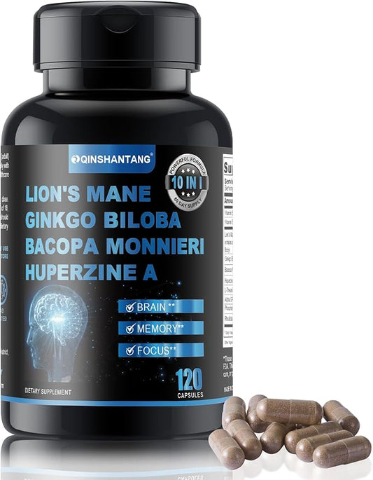 Lion's Mane Supplement Capsules ＆ Bacopa Monnieri-120 Capsules Lion's Mane Mushroom Blend, 10 in 1 for Enhanced Memory, Focus, and Brain Support