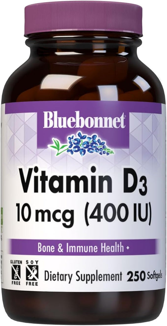Bluebonnet Nutrition Vitamin D3 400 IU Softgels, Aids in Muscle and Skeletal Growth, Cholecalciferol from Fish Oil, Non GMO, Gluten Free, Soy Free, Dairy Free, 250 Softgels