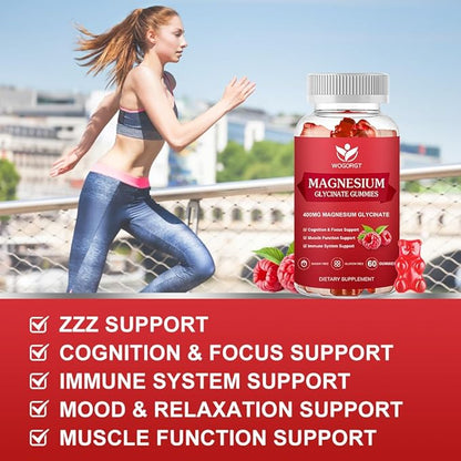 Magnesium Glycinate Gummies - 400mg Magnesium Glycinate Gummies with Vitamin D, B6, and CoQ10, Magnesium Supplement for Relaxation and Cognition, Sugar Free - 60 Raspberry Gummies (3 Pack)